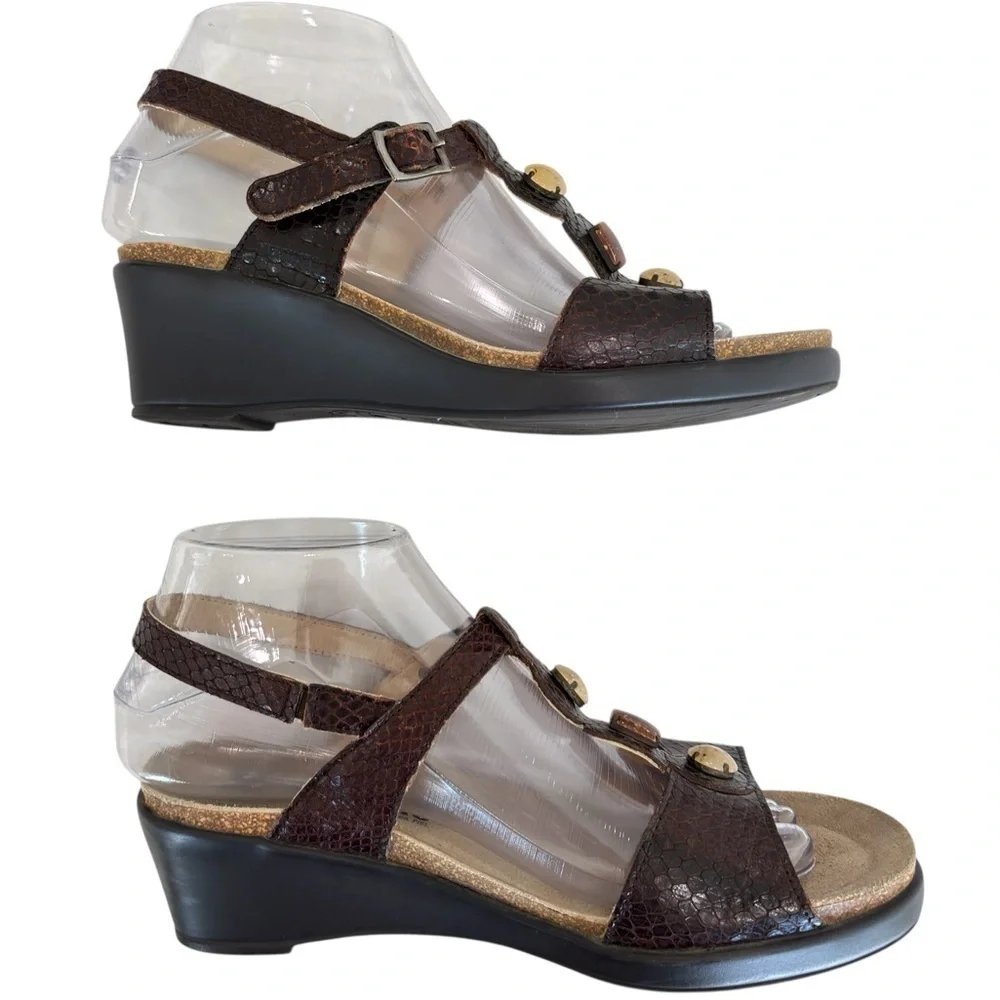 Mephisto Slingback Wedge Sandals Brown Jeweled Comfort Shoe Size 38 US 7.5 / 8